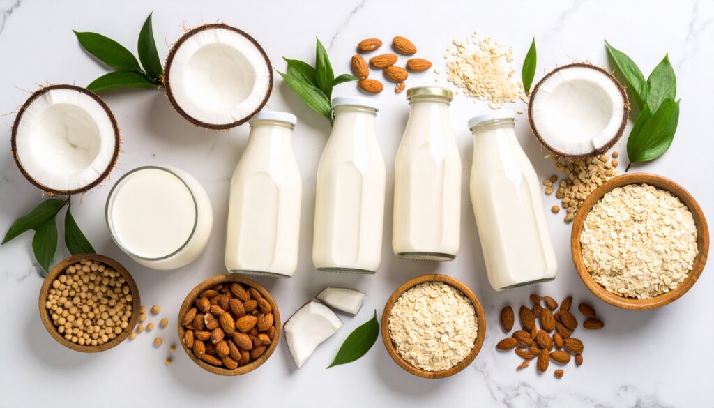 El Mundo de las Leches Vegetales"
Alt text: "Variedad de leches vegetales: avena, almendra, soja, coco y arroz