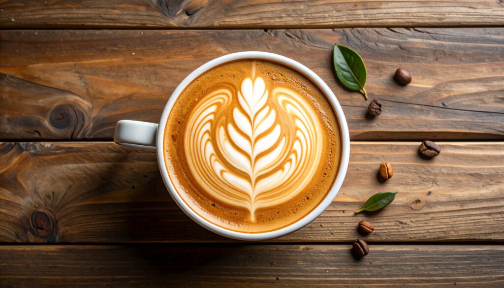 Latte art rosetta perfecto en cappuccino hecho con leche vegetal, vista superior en taza de cerámica sobre mesa de madera