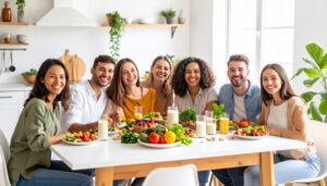 Personas veganas disfrutando comida saludable con leches vegetales