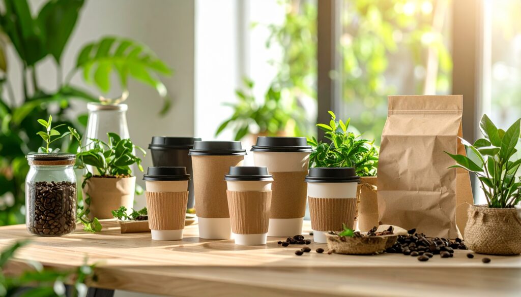 Setup ecológico de café sostenible con ingredientes vegetales, tazas reutilizables y plantas, representando cultura cafetera responsable
