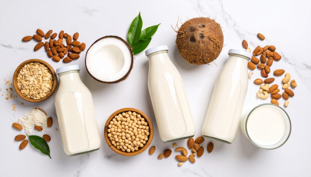 tipos de leche vegetale para café: avena, almendra, soja, coco, anacardo, arroz y guisante en botellas etiquetadas