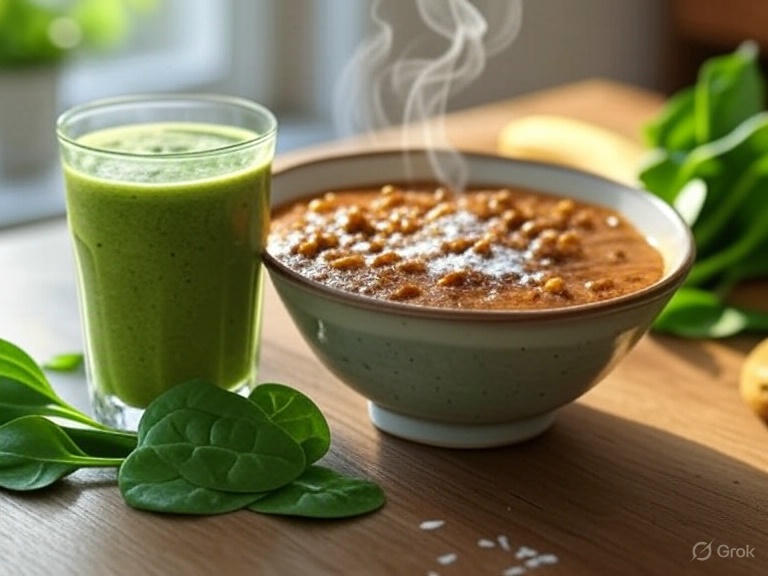 Batido verde vegano y curry de lentejas con leche de coco