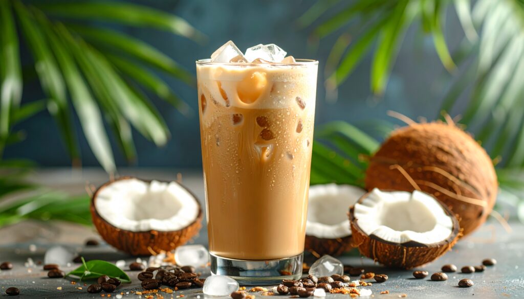 Iced latte tropical con leche de coco en vaso alto con hielo, bebida refrescante de café frío estilo verano